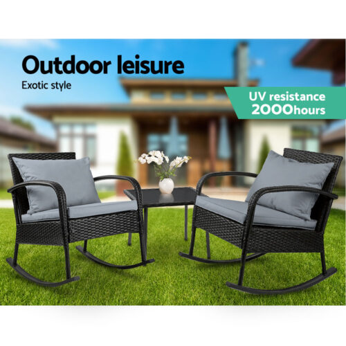 Gardeon 3PC Rocking Chair Table Wicker Outdoor Furniture Patio Bistro Set Black - Image 6