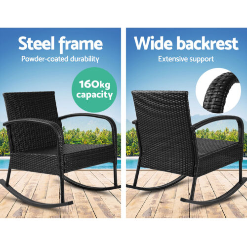 Gardeon 3PC Rocking Chair Table Wicker Outdoor Furniture Patio Bistro Set Black - Image 7
