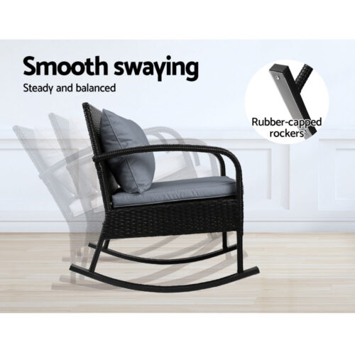 Gardeon 3PC Rocking Chair Table Wicker Outdoor Furniture Patio Bistro Set Black - Image 10