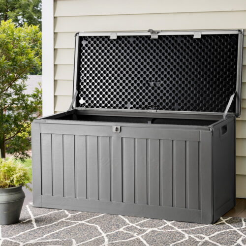 Gardeon Outdoor Storage Box 190L Container Lockable Garden Bench Tool Shed Black - Image 8