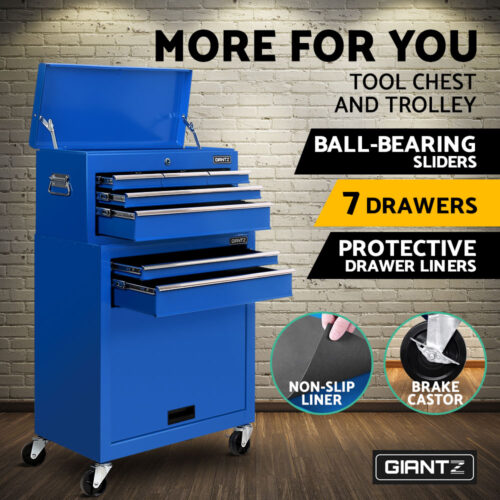 Giantz 7 Drawer Tool Box Cabinet Chest Trolley Toolbox Garage Storage Blue - Image 5
