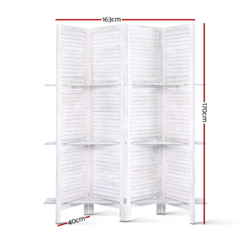 Artiss 4 Panel Room Divider Screen 163x170cm Shelf White - Image 3
