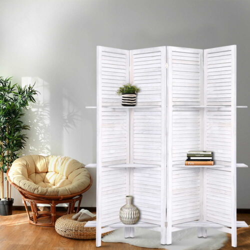 Artiss 4 Panel Room Divider Screen 163x170cm Shelf White - Image 8