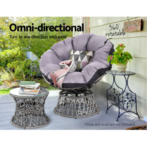 Gardeon Outdoor Lounge Setting Papasan Chair Wicker Table Garden Furniture Grey - Image 7