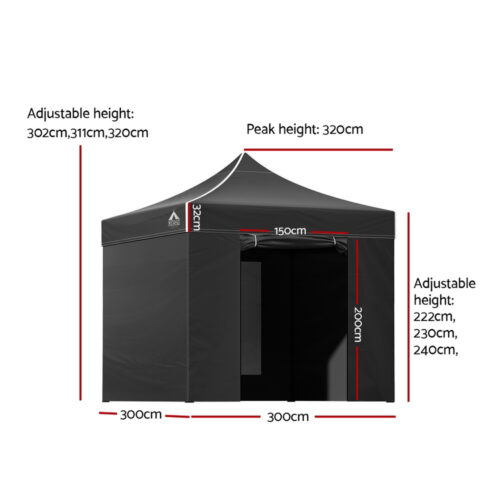 Instahut Gazebo Pop Up Marquee 3x3m Folding Tent Wedding Gazebos 500D Black - Image 2