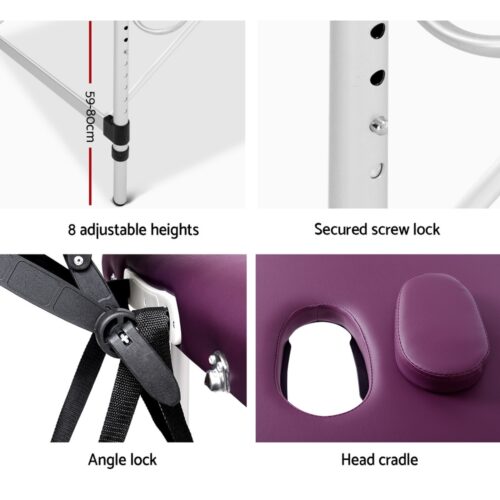 Zenses Massage Table 75cm Portable 3 Fold Aluminium Beauty Bed Violet - Image 6