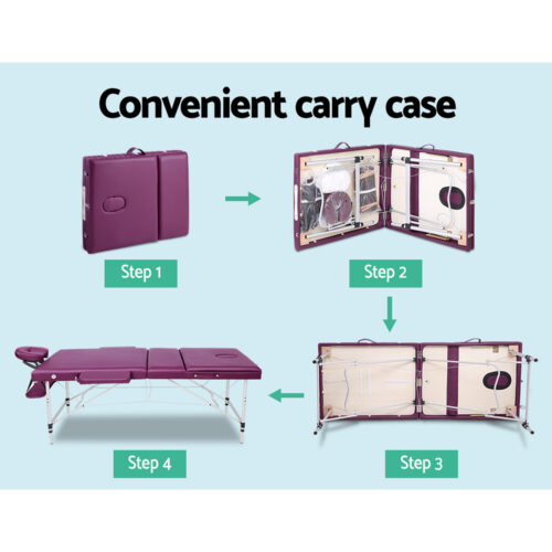 Zenses Massage Table 75cm Portable 3 Fold Aluminium Beauty Bed Violet - Image 7