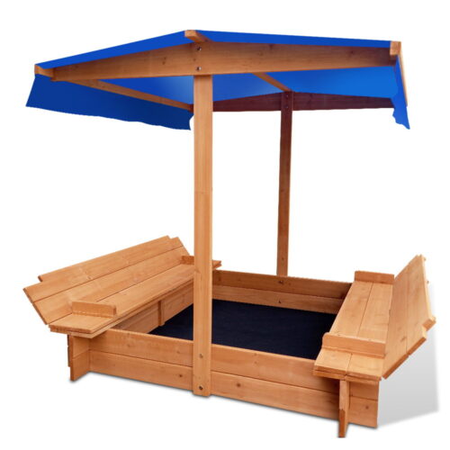 Keezi Kids Sandpit Wooden Sandbox Sand Pit with Canopy Foldable Seat Toys 120cm - Image 2
