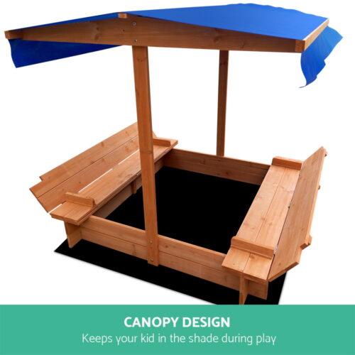 Keezi Kids Sandpit Wooden Sandbox Sand Pit with Canopy Foldable Seat Toys 120cm - Image 4