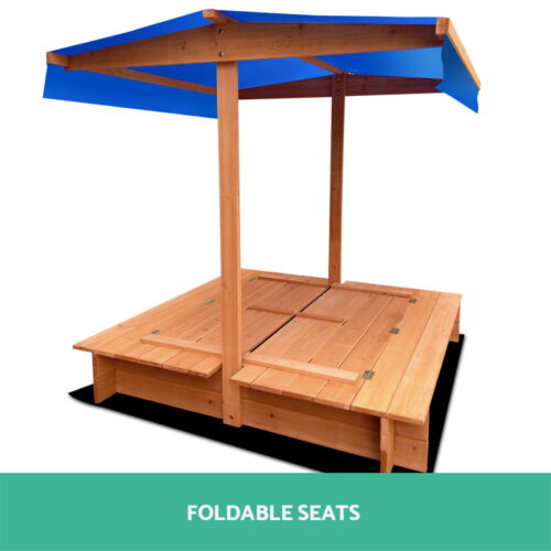 Keezi Kids Sandpit Wooden Sandbox Sand Pit with Canopy Foldable Seat Toys 120cm - Image 5