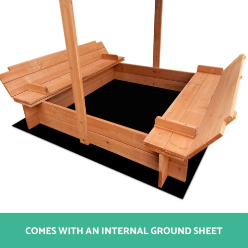 Keezi Kids Sandpit Wooden Sandbox Sand Pit with Canopy Foldable Seat Toys 120cm - Image 7