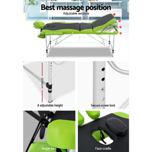 Zenses Massage Table 75cm Portable 3 Fold Aluminium Beauty Bed Green - Image 6