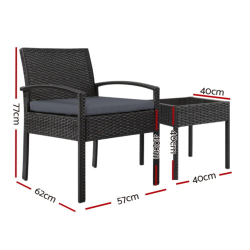 Gardeon 3PC Patio Furniture Bistro Set Wicker Outdoor Lounge Setting Black - Image 3