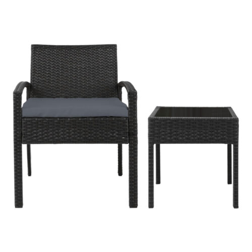 Gardeon 3PC Patio Furniture Bistro Set Wicker Outdoor Lounge Setting Black - Image 4