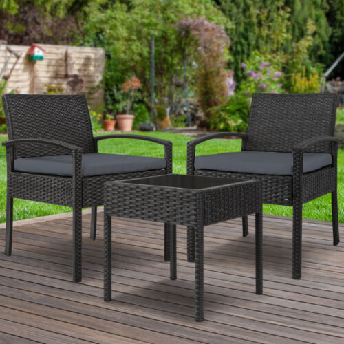 Gardeon 3PC Patio Furniture Bistro Set Wicker Outdoor Lounge Setting Black - Image 9