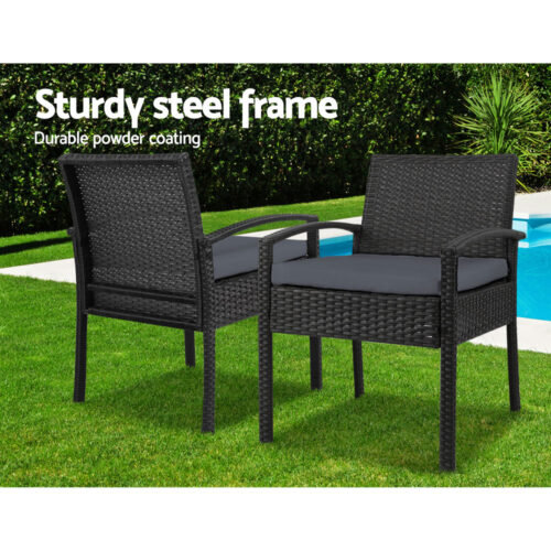Gardeon 3PC Patio Furniture Bistro Set Wicker Outdoor Lounge Setting Black - Image 10