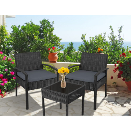 Gardeon 3PC Patio Furniture Bistro Set Wicker Outdoor Lounge Setting Black - Image 12