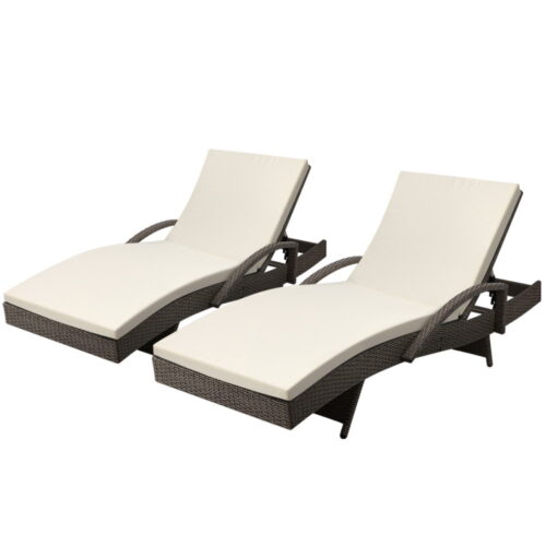Gardeon 2PC Sun Lounge Wicker Lounger Outdoor Furniture Beach Chair Adjustable Cushion Grey&Beige - Image 2