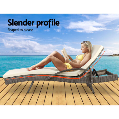 Gardeon 2PC Sun Lounge Wicker Lounger Outdoor Furniture Beach Chair Adjustable Cushion Grey&Beige - Image 6