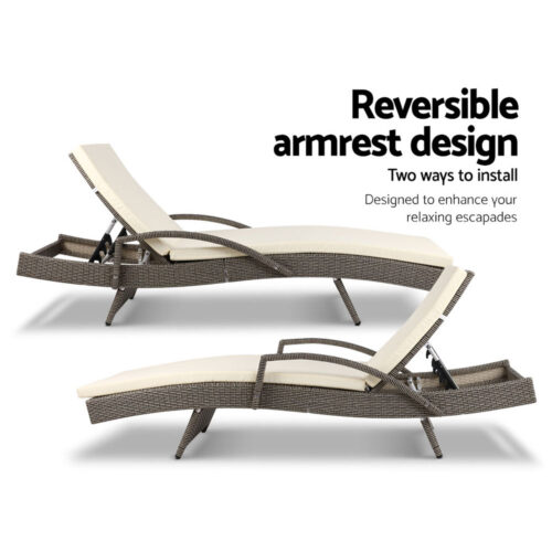 Gardeon 2PC Sun Lounge Wicker Lounger Outdoor Furniture Beach Chair Adjustable Cushion Grey&Beige - Image 8