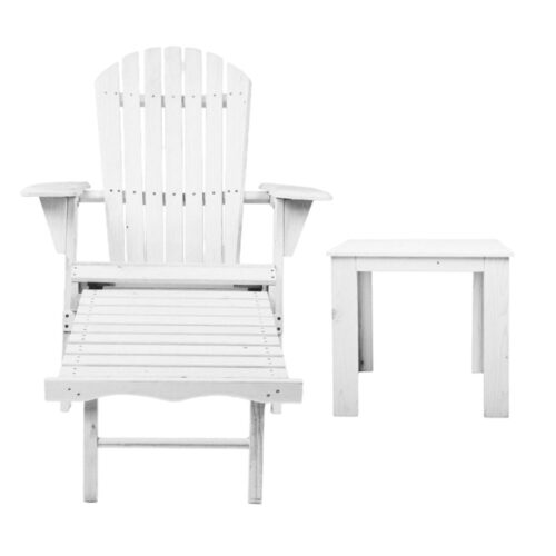 Gardeon 3PC Adirondack Outdoor Table and Chairs Wooden Sun Lounge Beach Patio White - Image 4