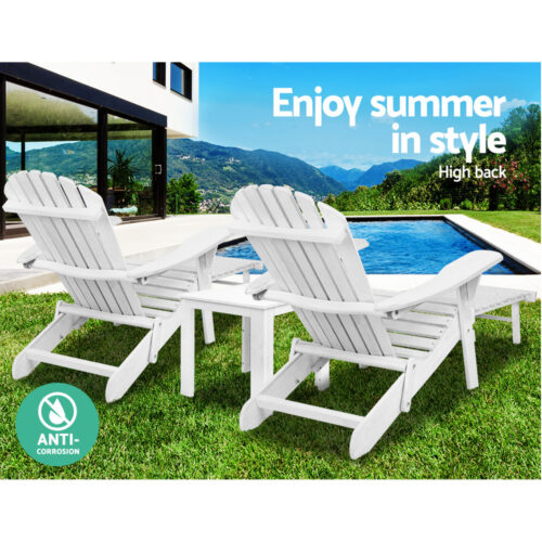 Gardeon 3PC Adirondack Outdoor Table and Chairs Wooden Sun Lounge Beach Patio White - Image 13