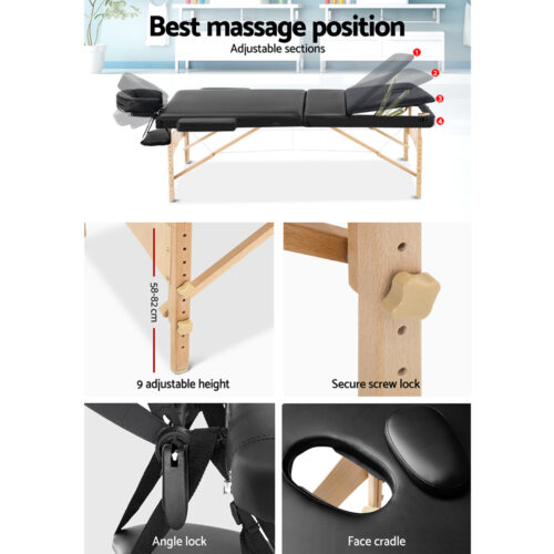 Zenses Massage Table 75cm Portable 3 Fold Wooden Beauty Bed Black - Image 6