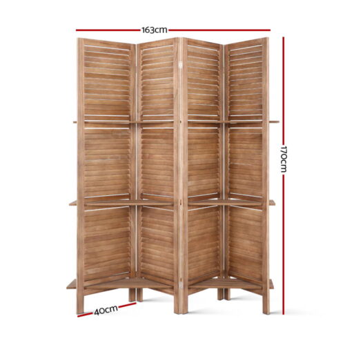 Artiss 4 Panel Room Divider Screen 163x170cm Shelf Oak - Image 3