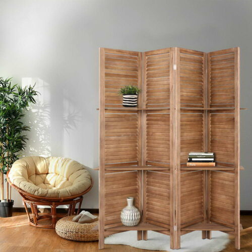 Artiss 4 Panel Room Divider Screen 163x170cm Shelf Oak - Image 8