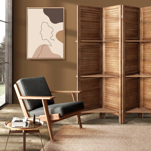 Artiss 4 Panel Room Divider Screen 163x170cm Shelf Oak - Image 9