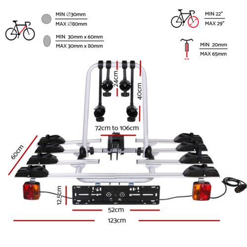 Giantz 4 Bicycle Bike Carrier Rack Car Towbar Hitch Ball Mount Tail light Silver - Image 3
