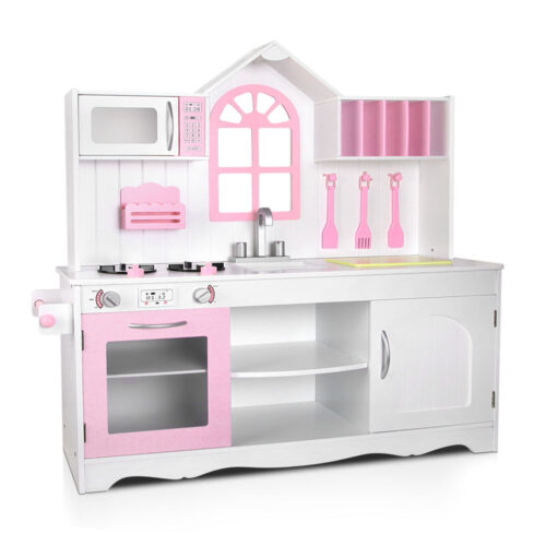 Keezi Kids Kitchen Play Set Wooden Pretend Toys Cooking Children Storage Cabinet - Image 2