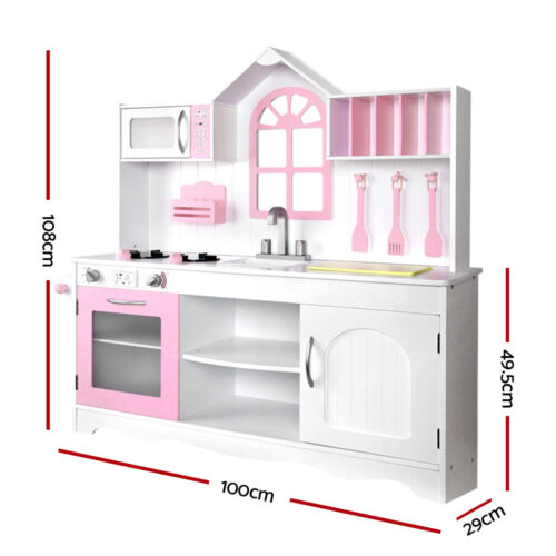 Keezi Kids Kitchen Play Set Wooden Pretend Toys Cooking Children Storage Cabinet - Image 3