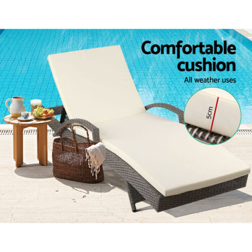 Gardeon Sun Lounge Wicker Lounger Outdoor Furniture Beach Chair Patio Adjustable Cushion Grey&Beige - Image 7