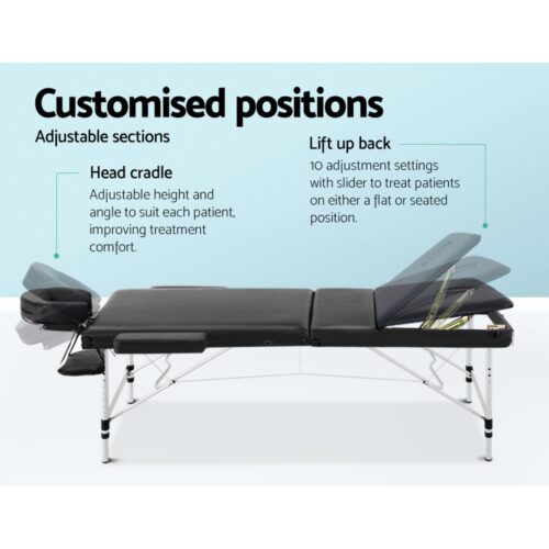 Zenses Massage Table 75cm Portable 3 Fold Aluminium Beauty Bed Black - Image 5