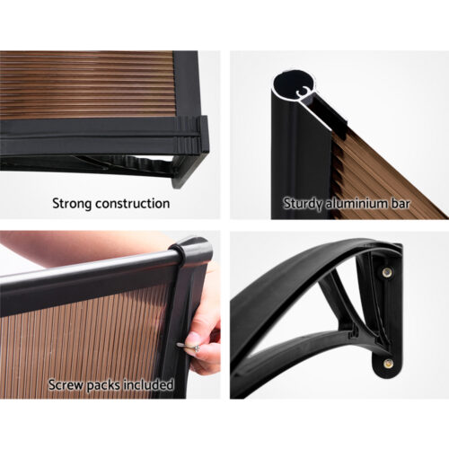 Instahut Window Door Awning Canopy 1mx2m Brown Sheet Black Plastic Frame - Image 8