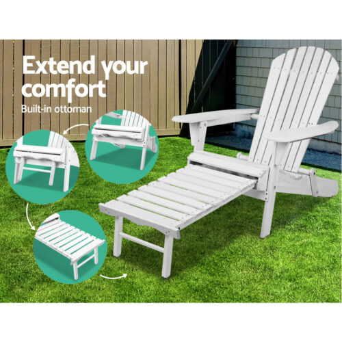 Gardeon Sun Lounge Outdoor Chairs Wooden Foldable Patio Furniture Adirondack White - Image 8