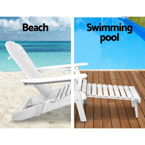 Gardeon Sun Lounge Outdoor Chairs Wooden Foldable Patio Furniture Adirondack White - Image 11