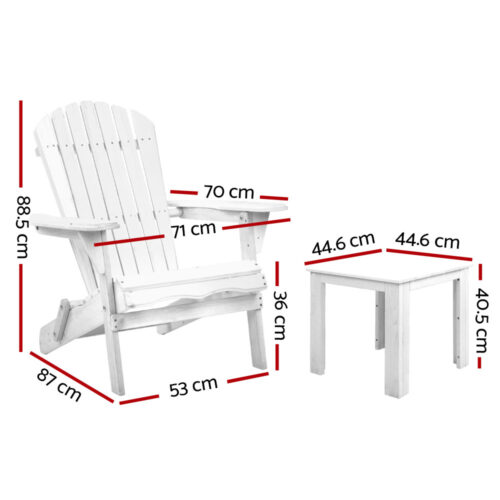 Gardeon 3PC Adirondack Outdoor Table and Chairs Wooden Foldable Beach Chair White - Image 3