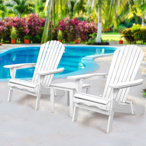 Gardeon 3PC Adirondack Outdoor Table and Chairs Wooden Foldable Beach Chair White - Image 9