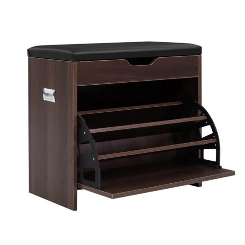 Artiss Shoe Rack Cabinet Bench 3-tier 15 Pairs Walnut - Image 2