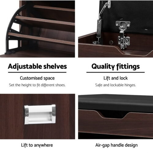 Artiss Shoe Rack Cabinet Bench 3-tier 15 Pairs Walnut - Image 7
