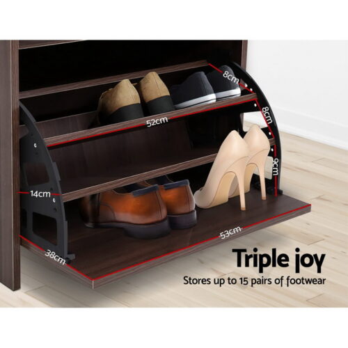 Artiss Shoe Rack Cabinet Bench 3-tier 15 Pairs Walnut - Image 8