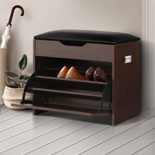 Artiss Shoe Rack Cabinet Bench 3-tier 15 Pairs Walnut - Image 9