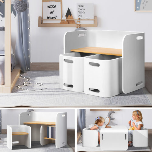 Keezi 3PCS Kids Table and Chairs Set Multifunctional Storage Desk White - Image 8