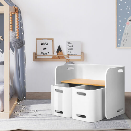 Keezi 3PCS Kids Table and Chairs Set Multifunctional Storage Desk White - Image 9