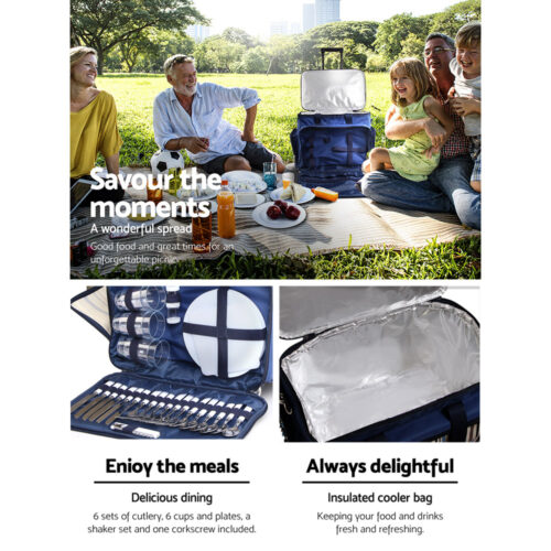 Alfresco 6 Person Picnic Basket Set Bag Wheels Insulated Trolley - Image 6