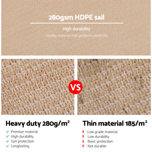Instahut Shade Sail 5x5m Square 280GSM 98% Sand Shade Cloth - Image 6
