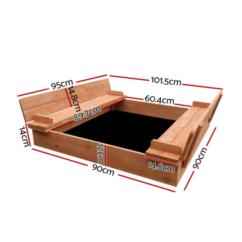 Keezi Kids Sandpit Wooden Sandbox Sand Pit Foldable Seat Outdoor Beach Toys 90cm - Image 3