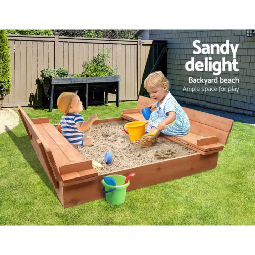 Keezi Kids Sandpit Wooden Sandbox Sand Pit Foldable Seat Outdoor Beach Toys 90cm - Image 5